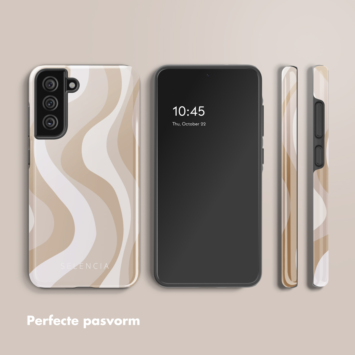 Custodia per telefono con motivo a onde beige e bianco. Telefono con lo stesso motivo. Sfondo beige.