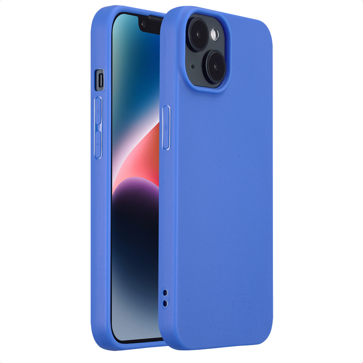 Blauwe telefoonhoes met telefoon, zijknoppen zichtbaar, witte achtergrond.