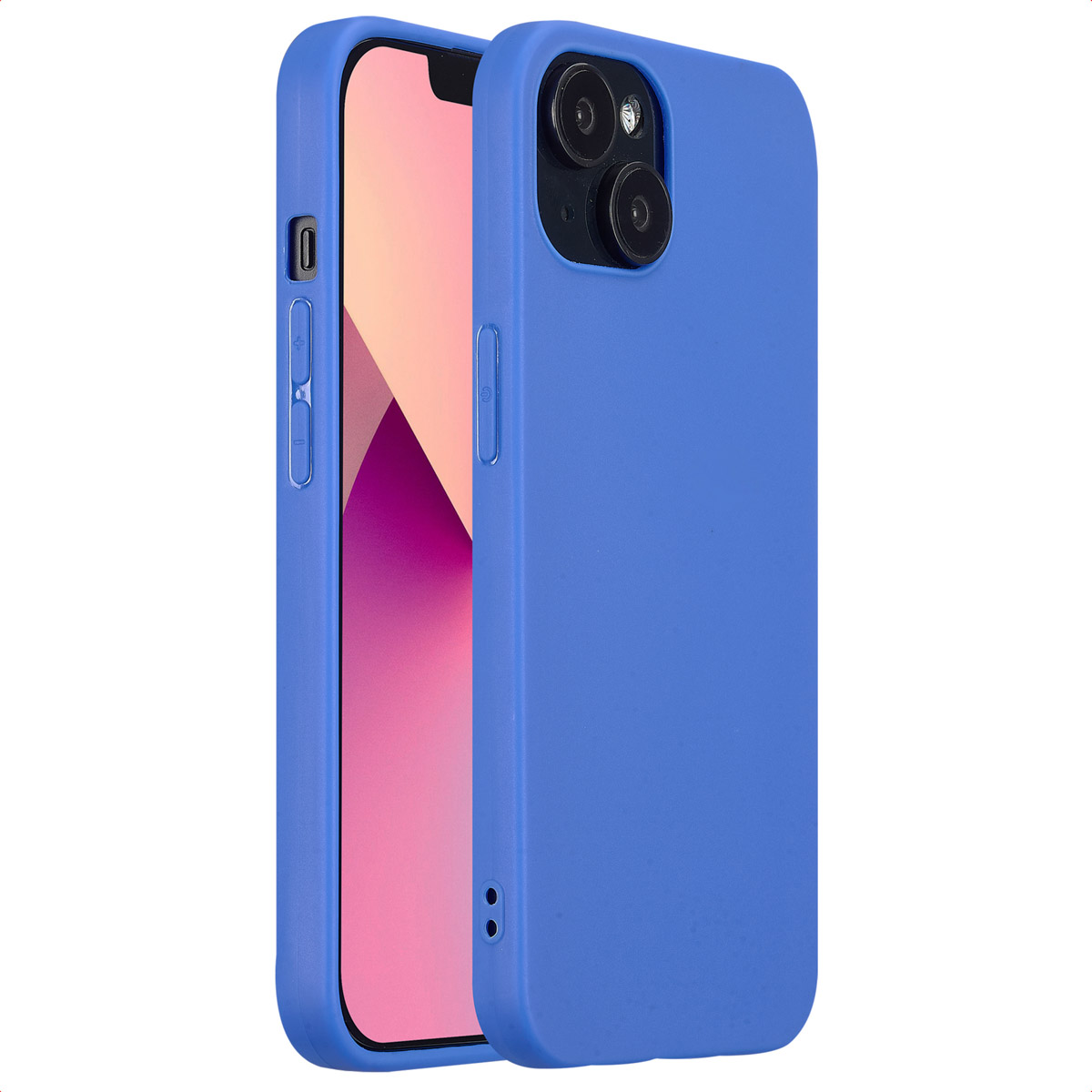 Blaue Handyhülle auf einem Handy, die Seite zeigend. Rosa Handybildschirm sichtbar.