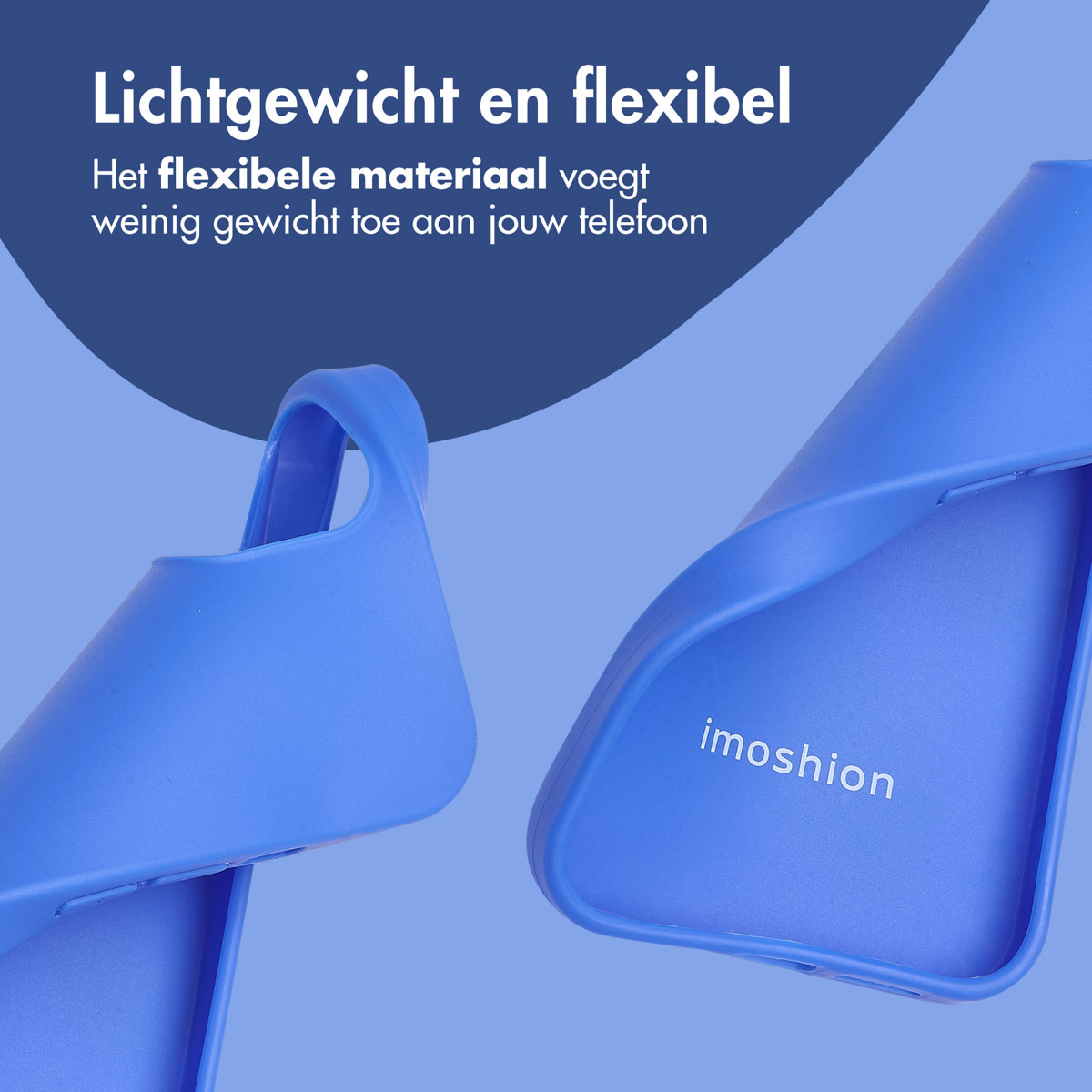 Zwei blaue Handyhüllen. Eine ist offen und zeigt die Innenseite. Text: Leicht und flexibel.