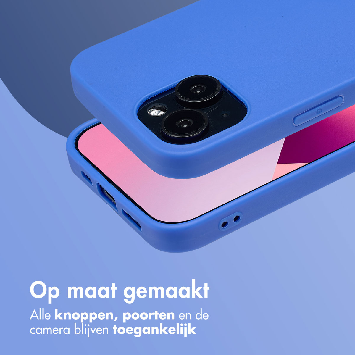 Blaue Handyhülle mit Aussparungen für Kamera, Tasten und Anschlüsse. Rosa Handy-Bildschirm sichtbar.