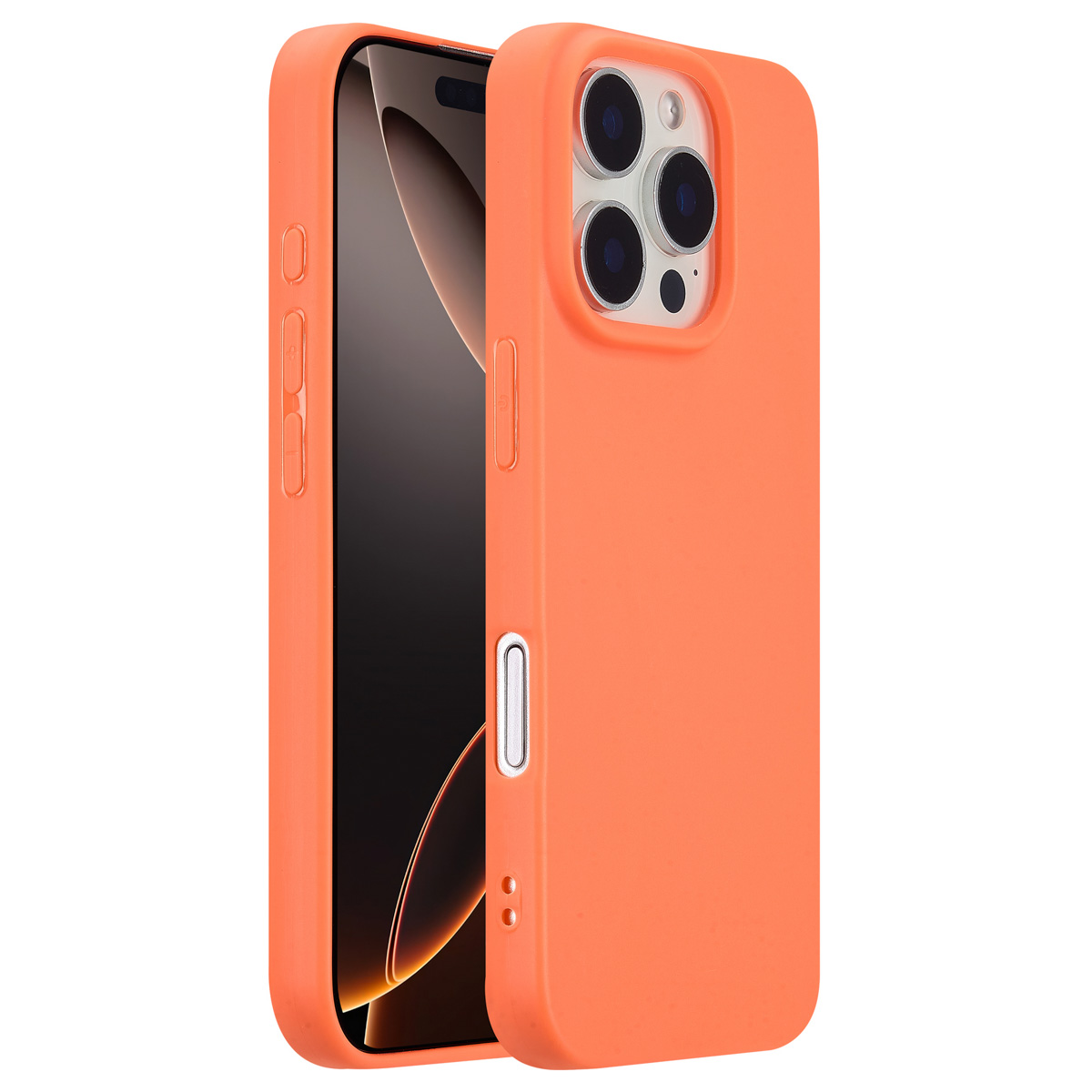 Coque de téléphone orange sur le téléphone, montrant les boutons latéraux et la caméra. Fond orange.