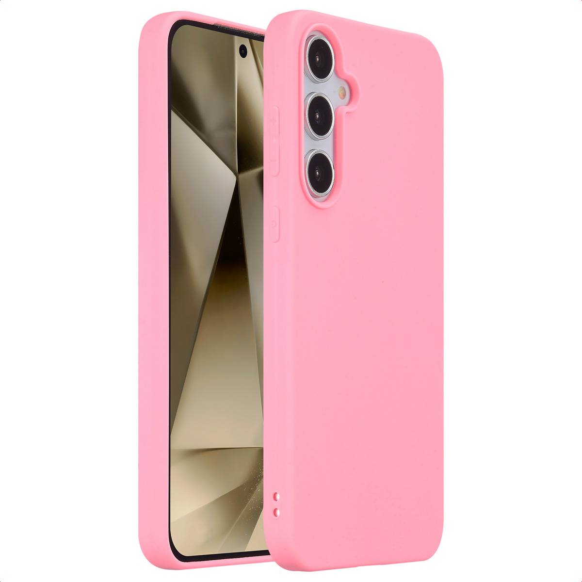 Une coque de téléphone rose à côté d'un téléphone. La coque a trois trous pour l'appareil photo. Le fond est blanc.