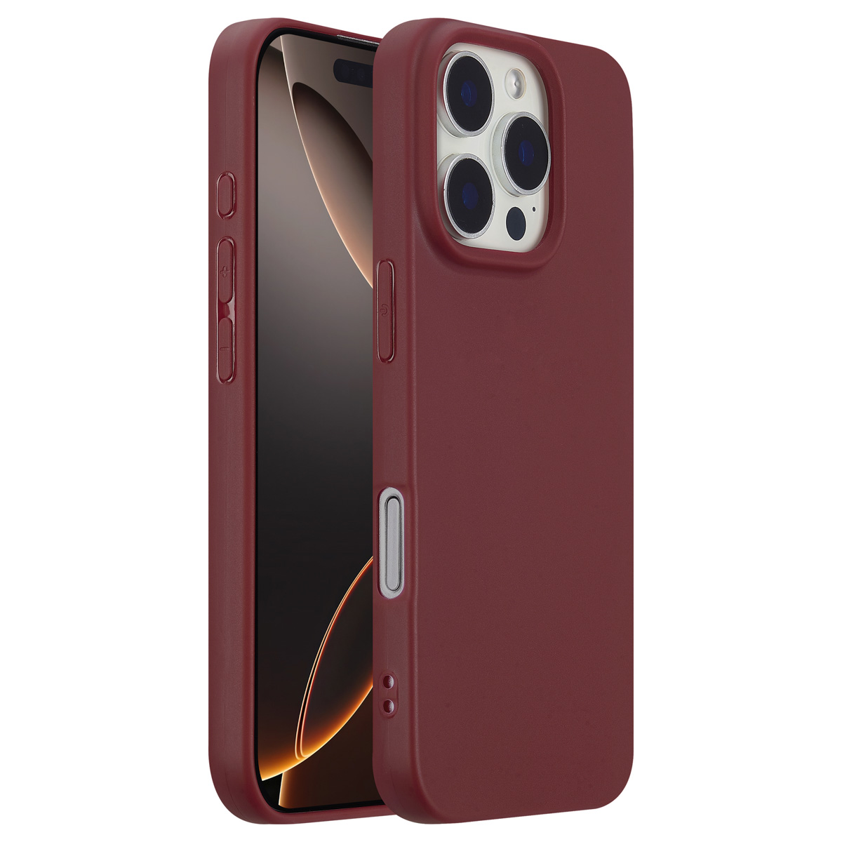 Coque de téléphone bordeaux sur fond blanc, montrant les boutons latéraux et la découpe de l'appareil photo.