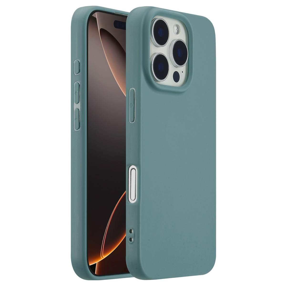 Blauwe telefoonhoes op een iPhone, met het ontwerp van de hoes en het scherm van de telefoon.