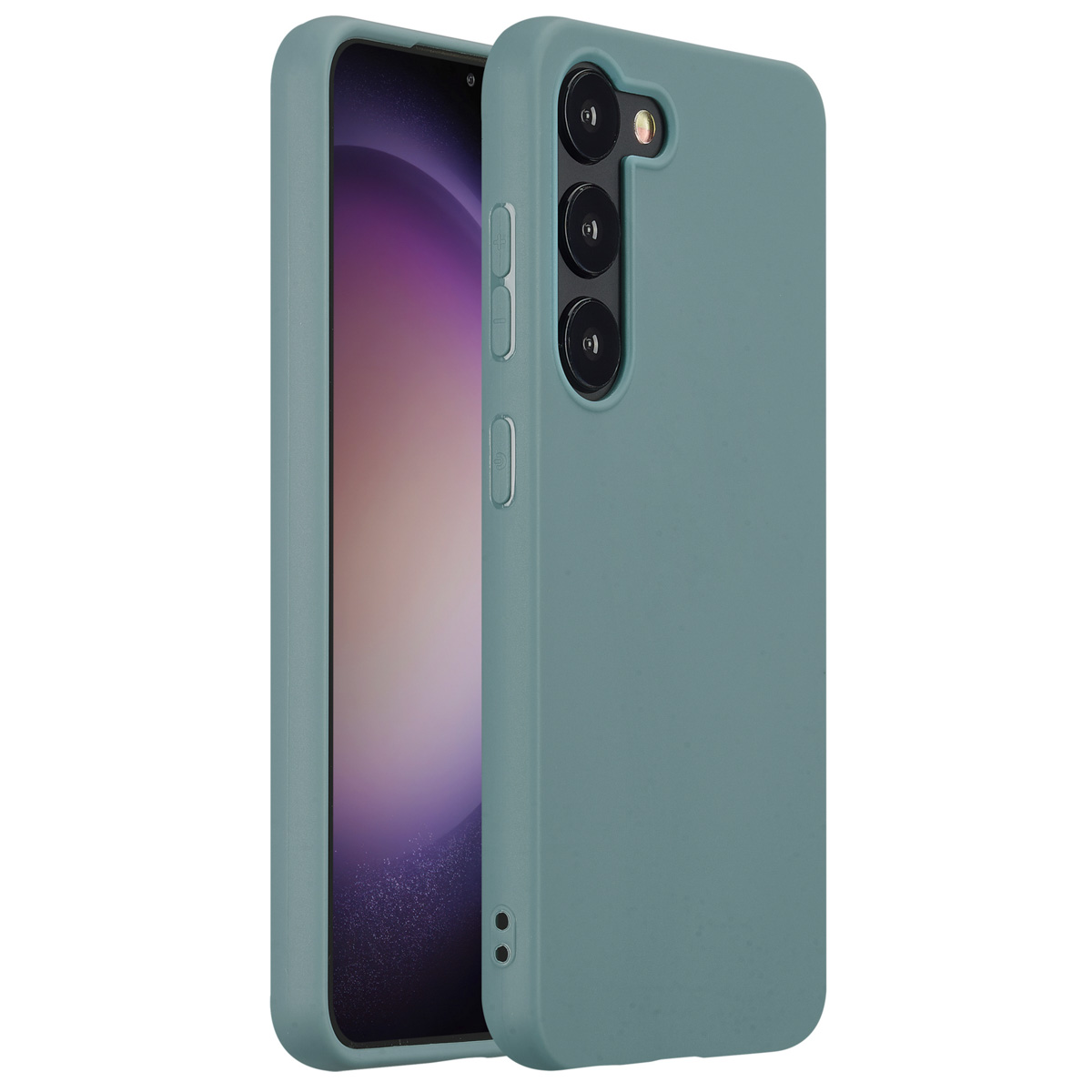 Een teal telefoonhoesje met een telefoon erin. Het heeft knoppen en camera-uitsparingen.
