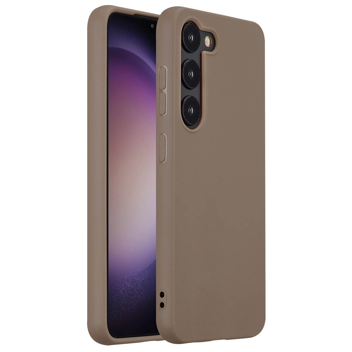 Telefoon in bruine hoes, zijknoppen zichtbaar, op witte achtergrond.