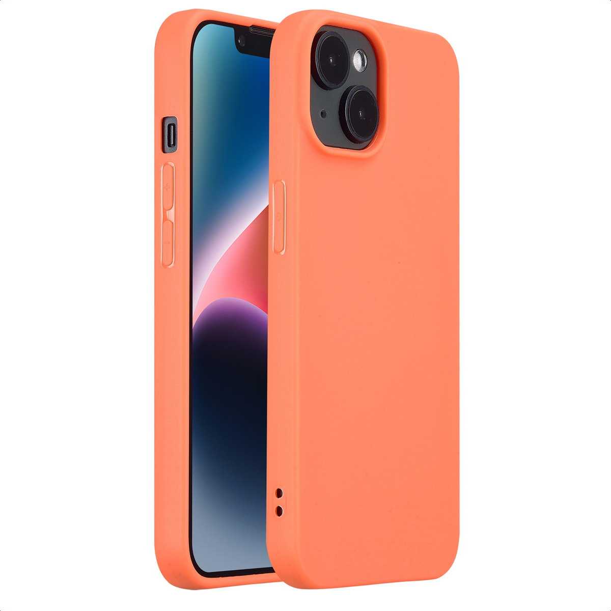 Oranje telefoonhoesje met telefoon erin. Camera en knoppen zijn zichtbaar.