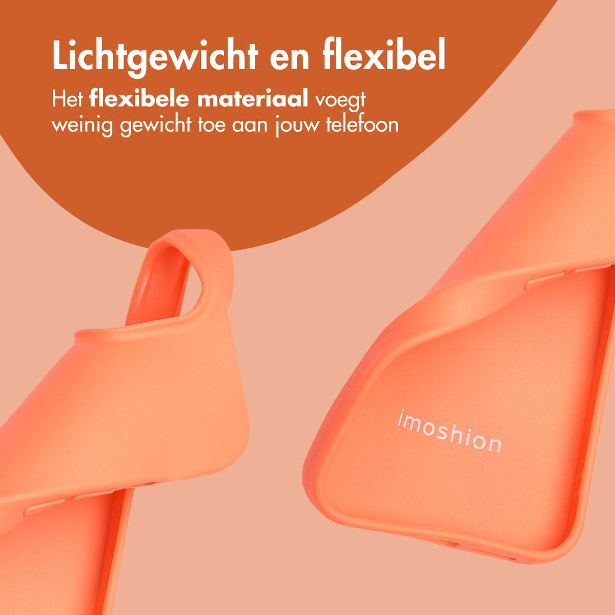 Oranje telefoonhoesonderdelen. Tekst: Lichtgewicht en flexibel. Het flexibele materiaal voegt weinig gewicht toe aan je telefoon.