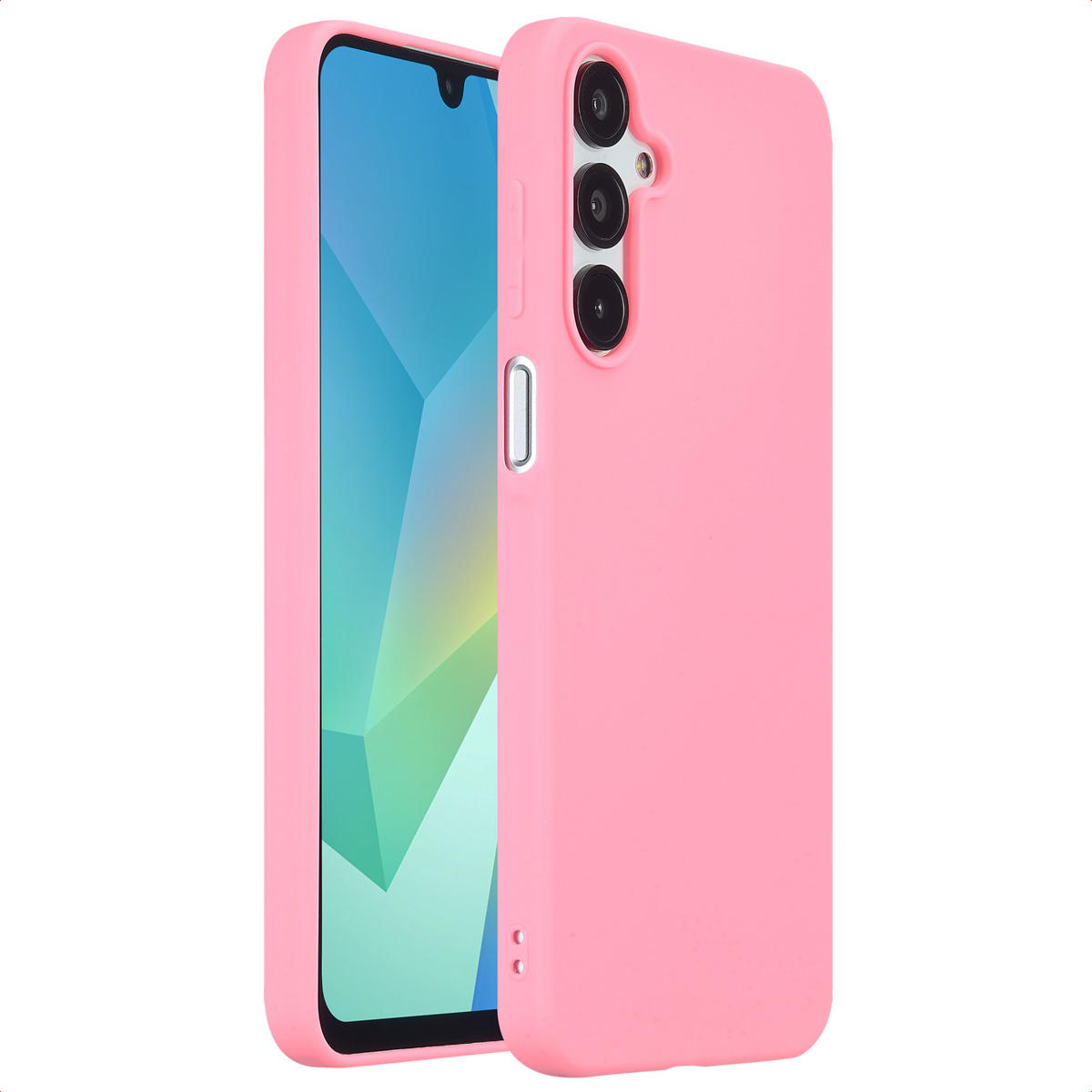 Pinke Handyhülle. Telefon mit pinker Hülle, sichtbarem Bildschirm, Knöpfen und Kameraausschnitten.