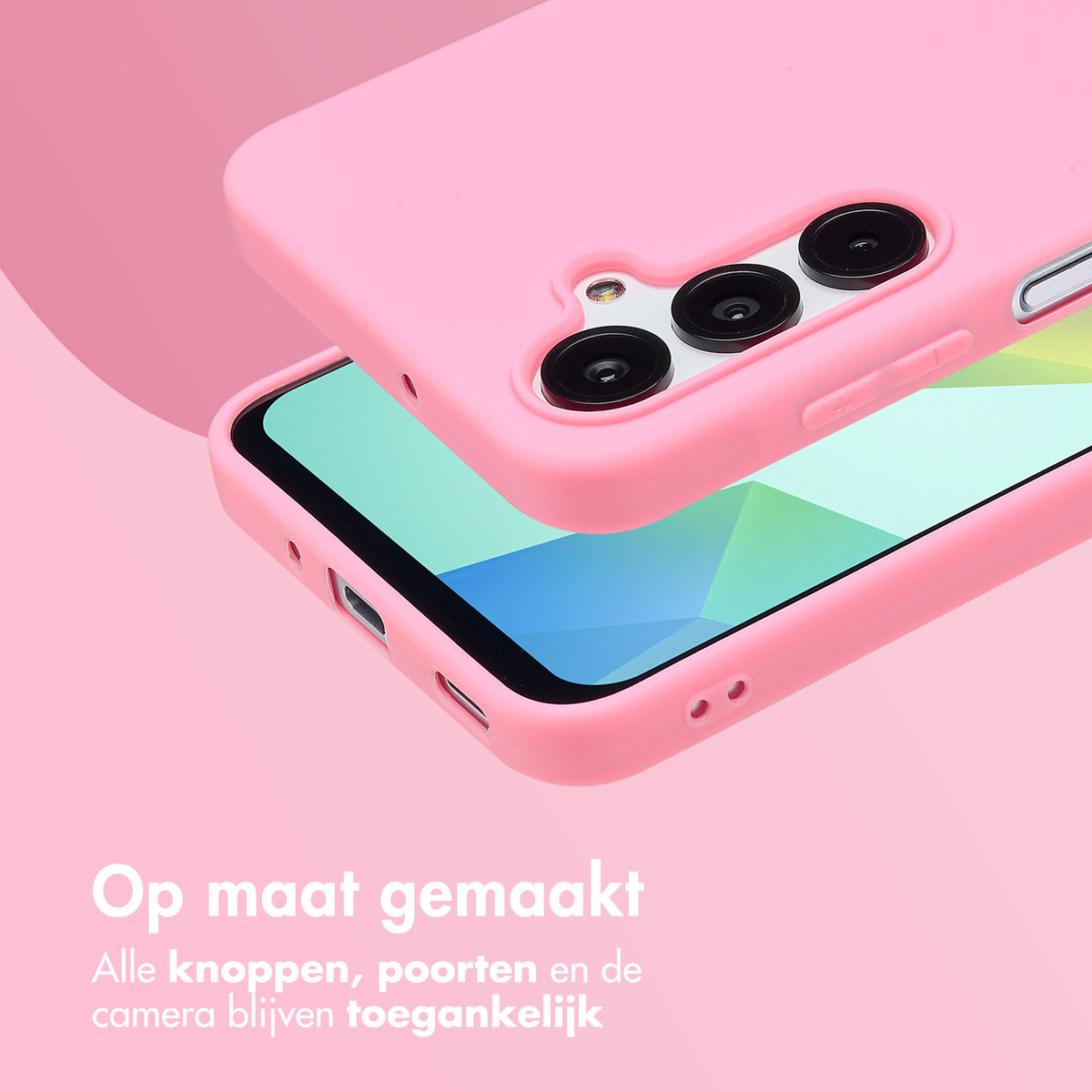 Rosa Handyhülle mit passendem Telefon auf rosa Hintergrund. Text unten.