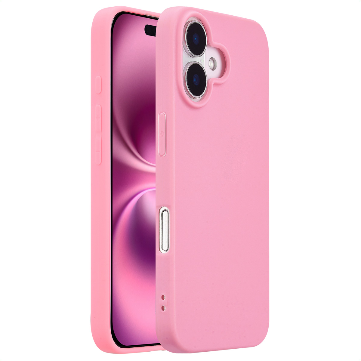 Een roze telefoonhoes met een telefoon erin. De hoes is open, de telefoon is zichtbaar.