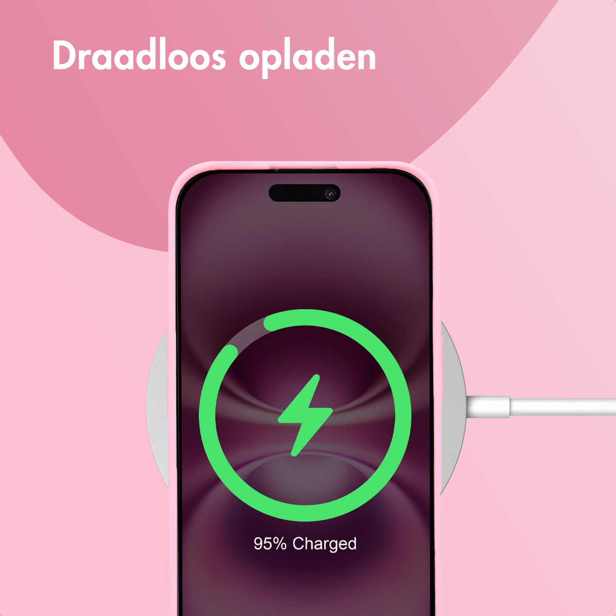 Telefoon draadloos opladen, met groen oplaadsymbool.