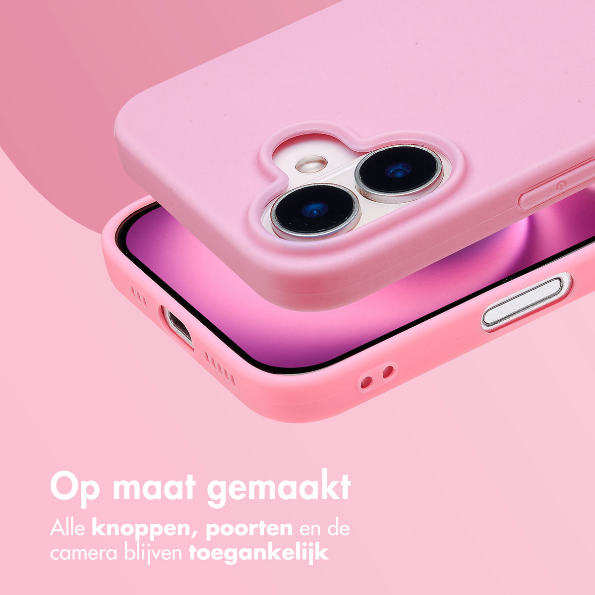 Een roze telefoonhoes met een telefoon erin. De achtergrond is roze.