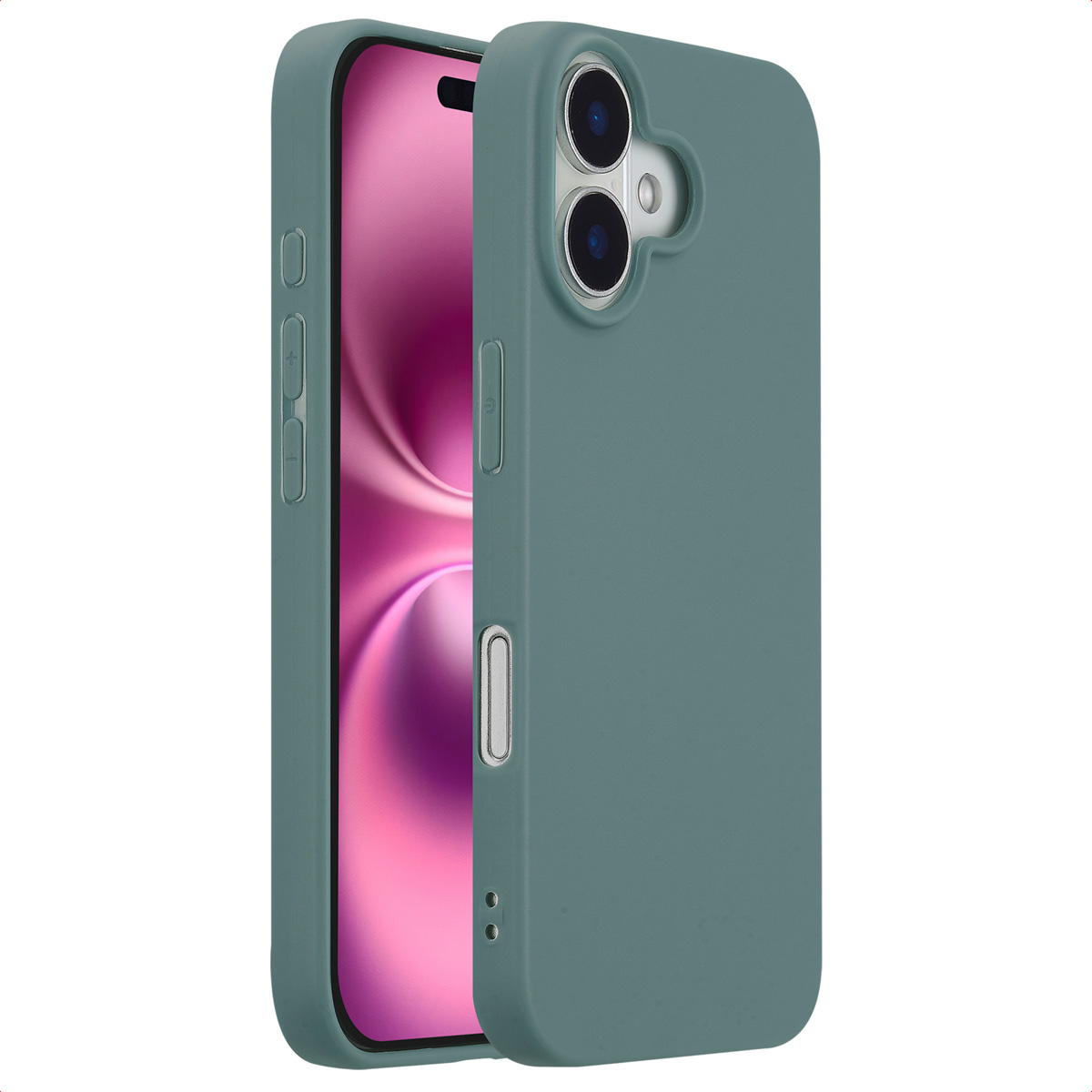 Een blauwgroene telefoonhoes met een telefoon erin. De achtergrond is lichtpaars.