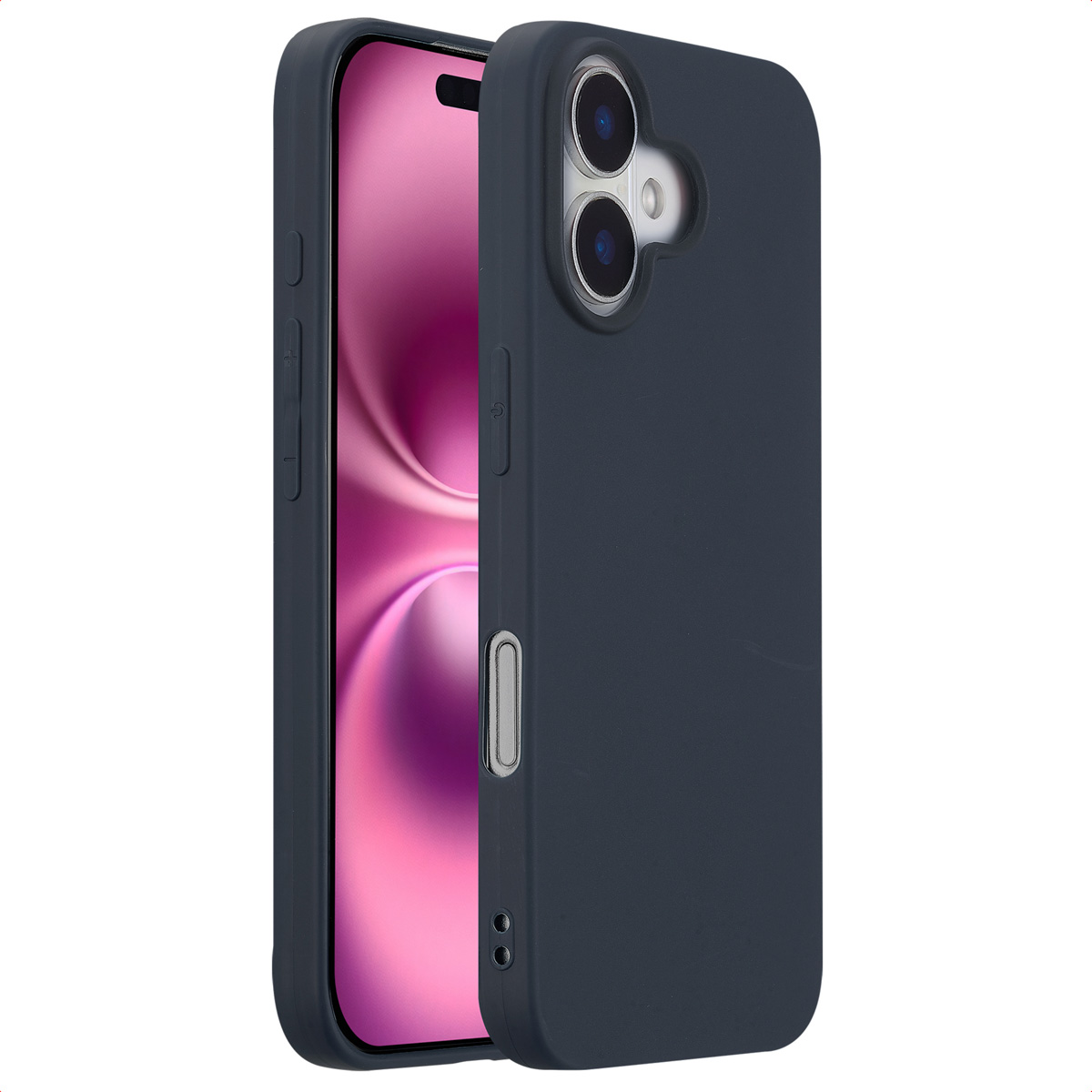 Een donkerblauwe telefoonhoes met een telefoon erin. De hoes heeft knoppen en camera-uitsparingen.
