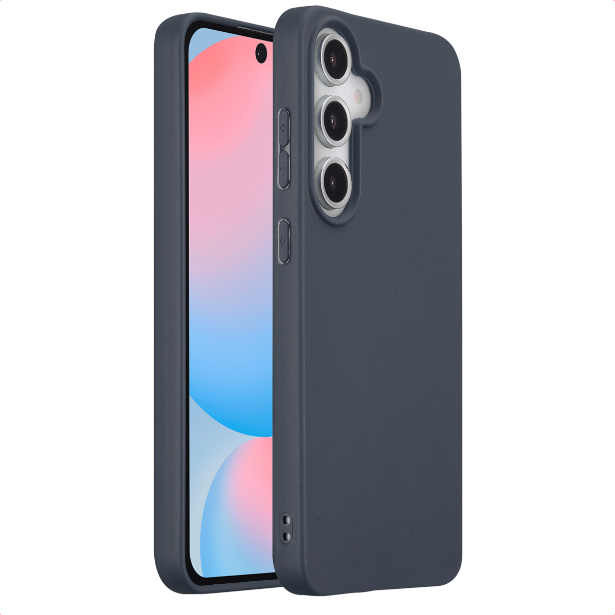 Een donkerblauwe telefoon in een donkerblauwe hoes. De telefoon heeft een cameragat. De achtergrond is wit.