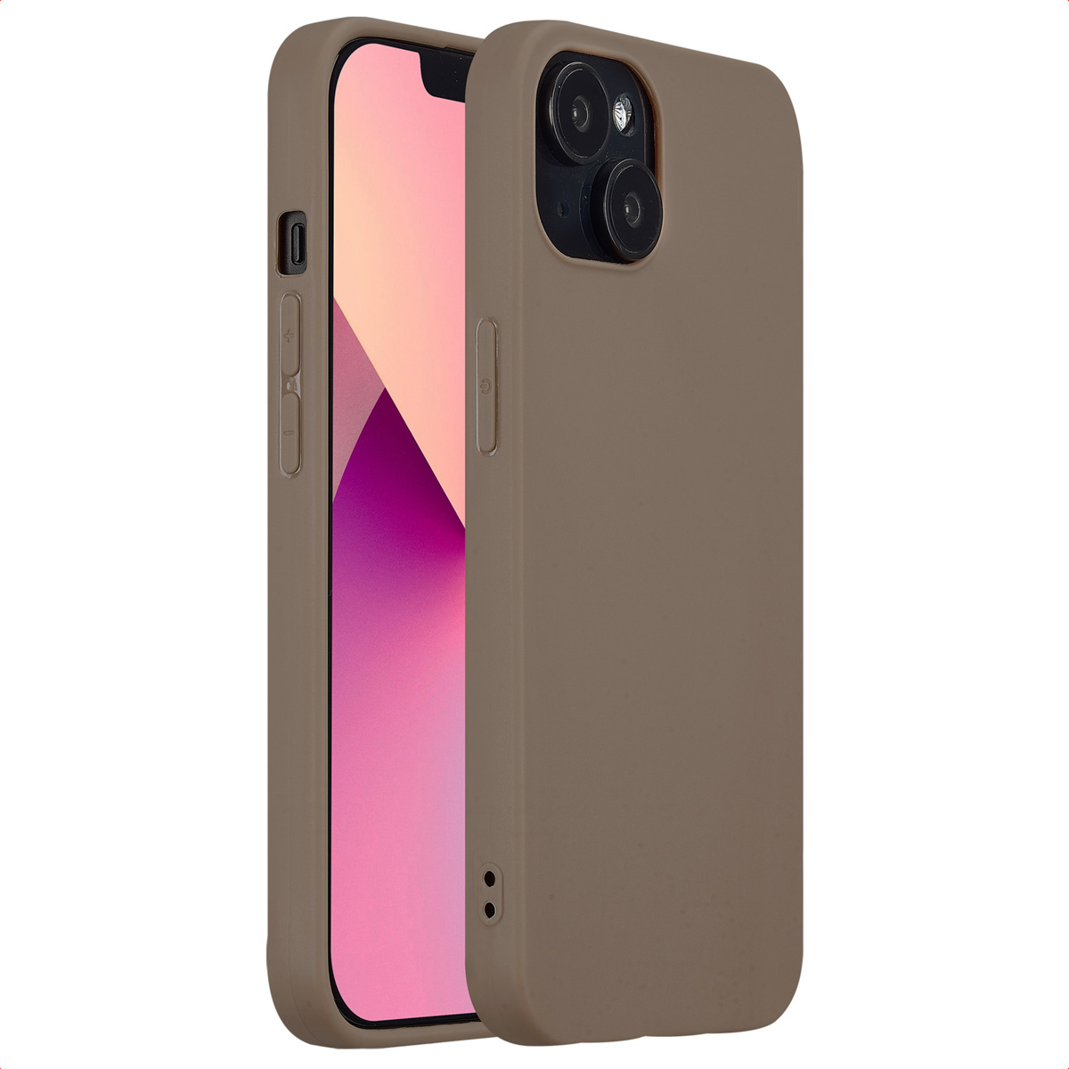Ein Telefon in einer braunen Hülle. Die Hülle hat Kamera- und Knopfaussparungen. Der Bildschirm zeigt einen rosa Hintergrund.