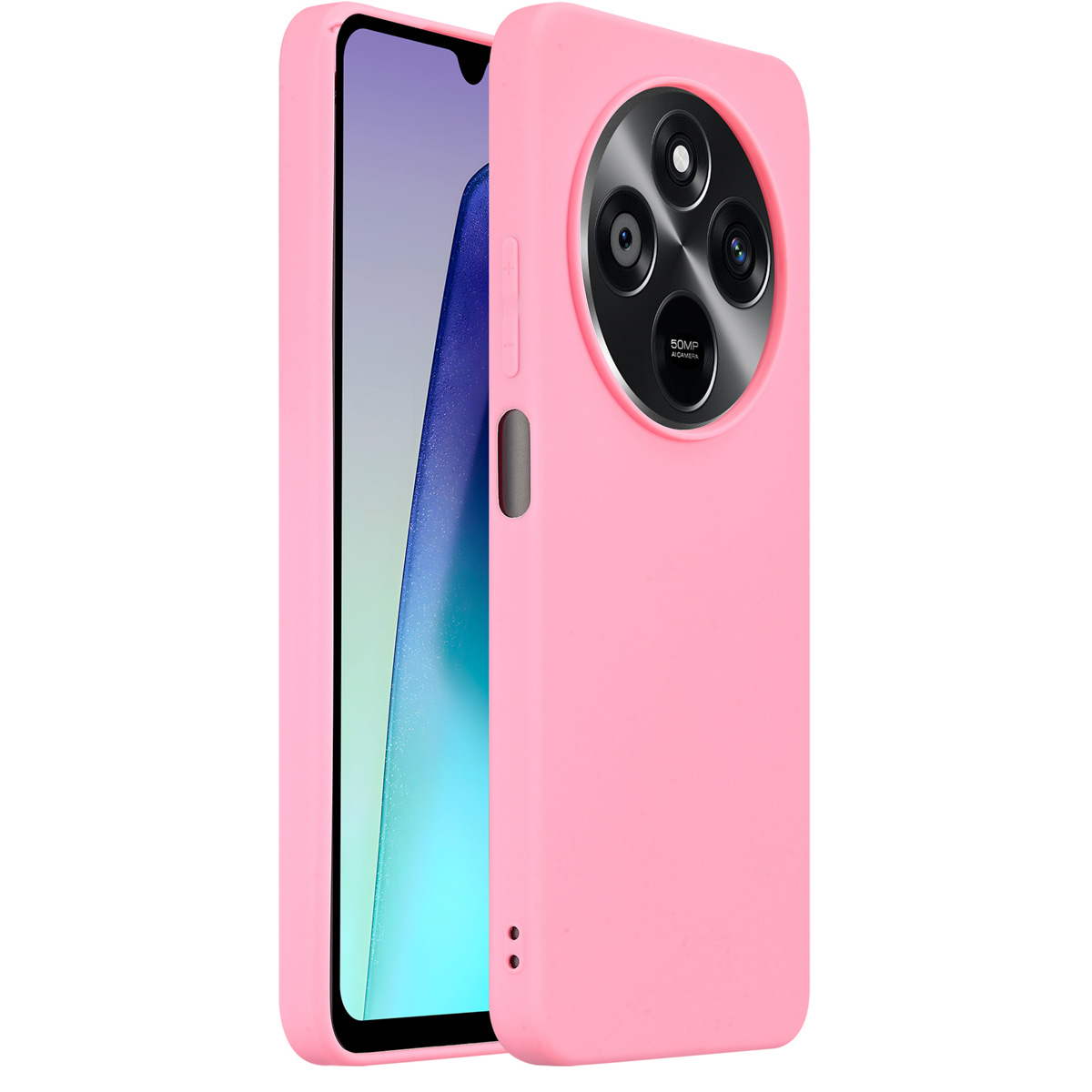 Roze telefoonhoesje met telefoon erin. De hoes is roze en heeft een cirkelvormig cameradesign.