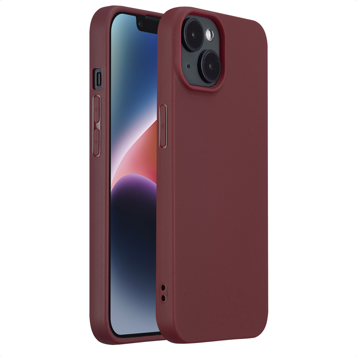 Bordeaux telefoonhoes op een iPhone, met het ontwerp van de hoes en het scherm van de telefoon.