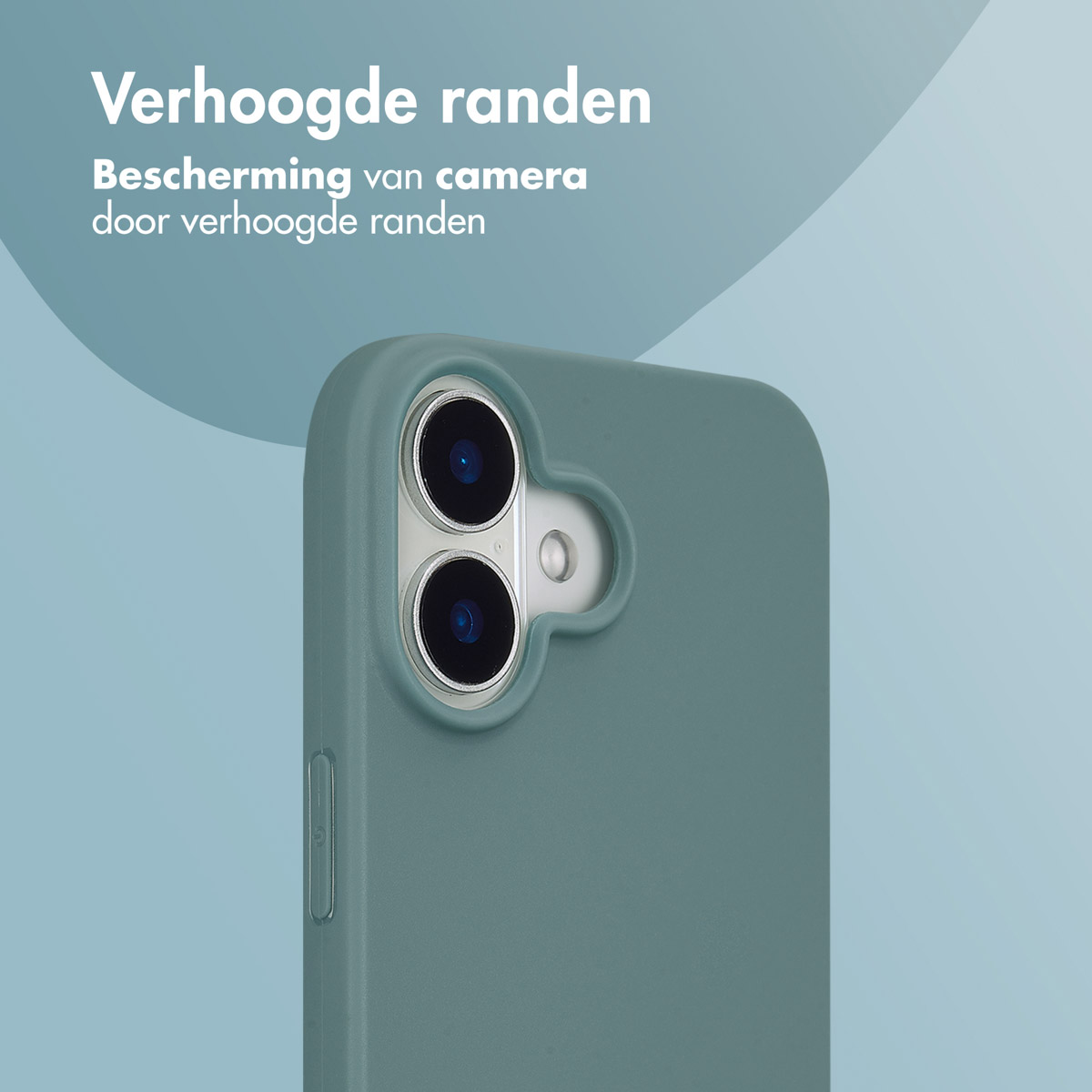 Blauwe telefoonhoes met de camera zichtbaar op een blauwe achtergrond, met tekst.