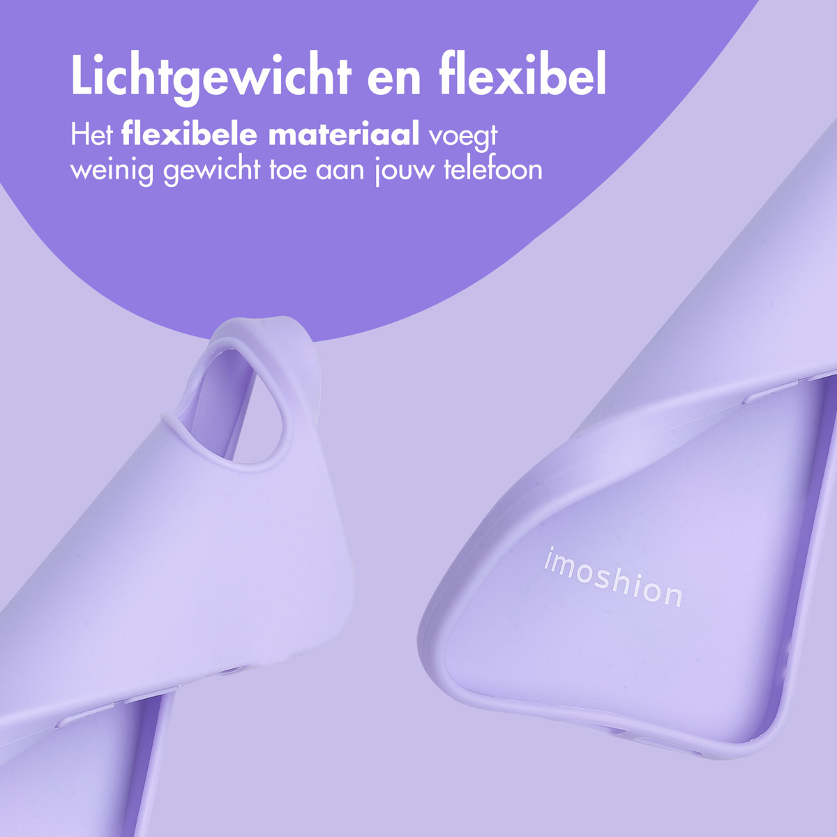 Lila Handyhülle geöffnet, Innenseite sichtbar. Imoshion-Logo. Lilafarbener Hintergrund. Leichter und flexibler Text.