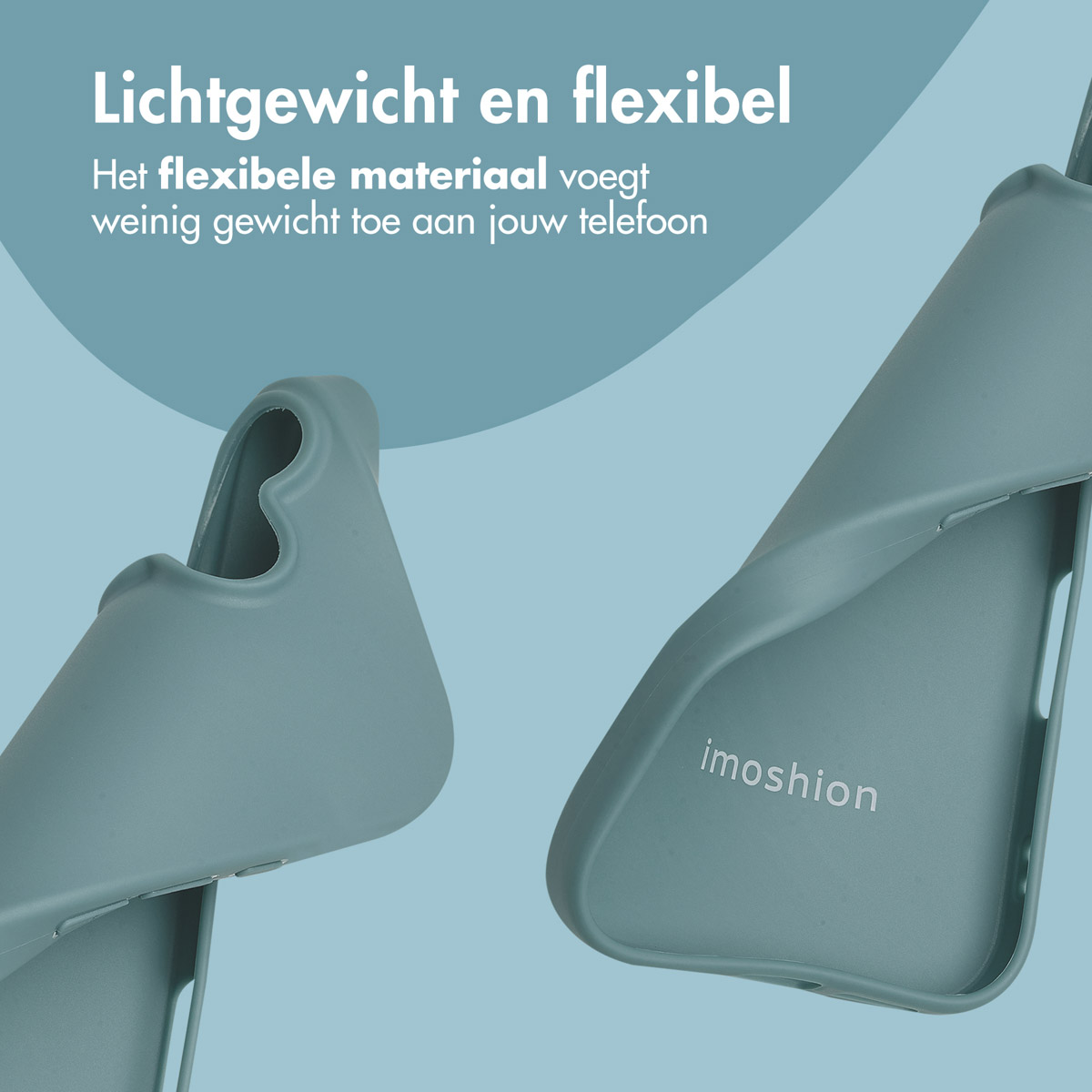 Blauwgroene telefoonhoesonderdelen, de binnenkant tonend. Tekst: Lichtgewicht en flexibel. Het flexibele materiaal voegt weinig gewicht toe.