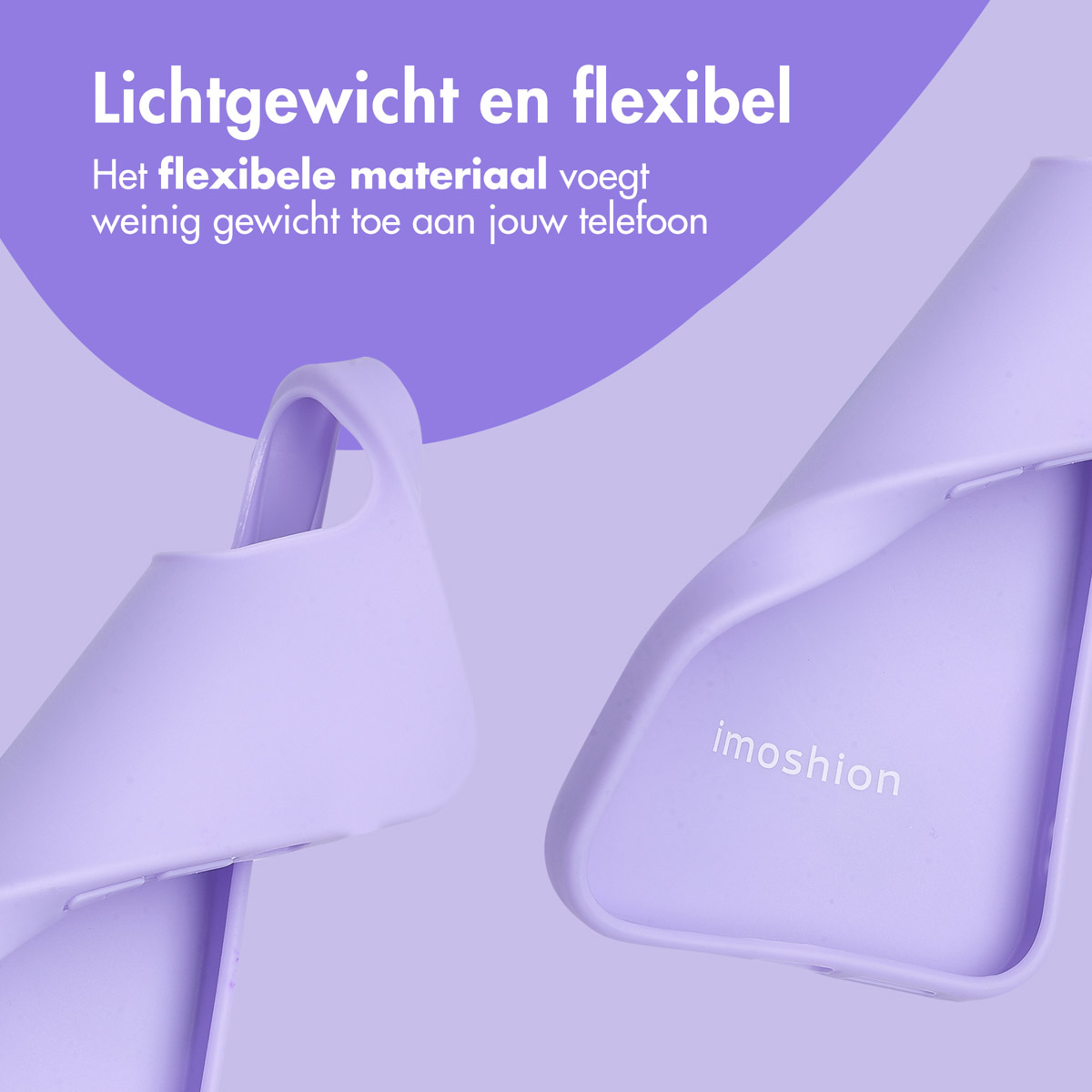 Zwei lila Handyhüllen, eine offen, mit dem Imoshion-Logo, auf lila Hintergrund.