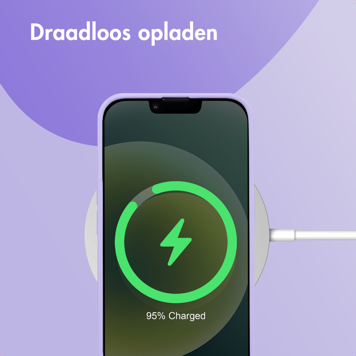 Telefon kabellos laden, grüne Ladeanzeige. Lila Hintergrund. Weißes Ladepad.
