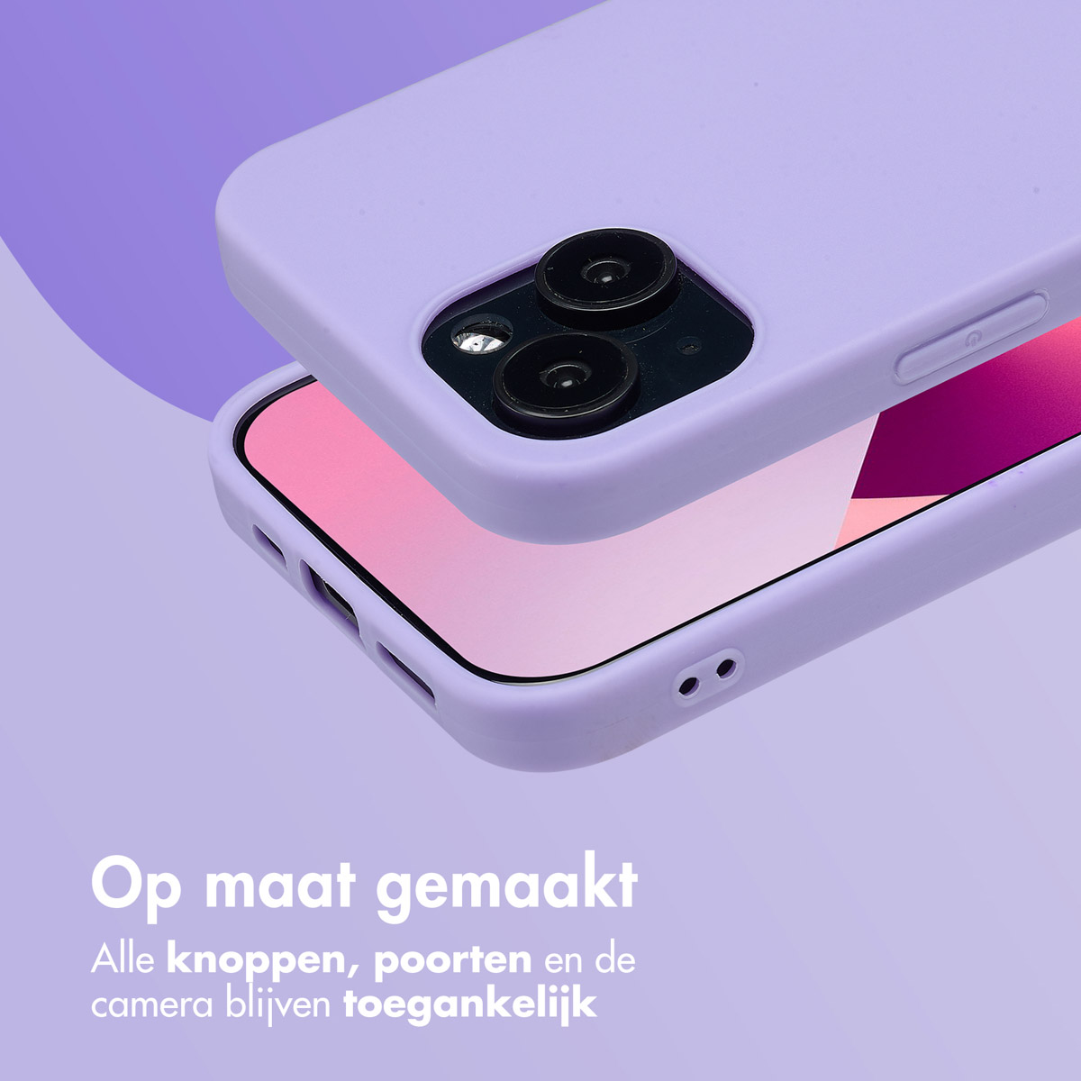 Lila Handyhülle mit Aussparungen für Kamera, Tasten und Anschlüsse. Rosa Bildschirm sichtbar.