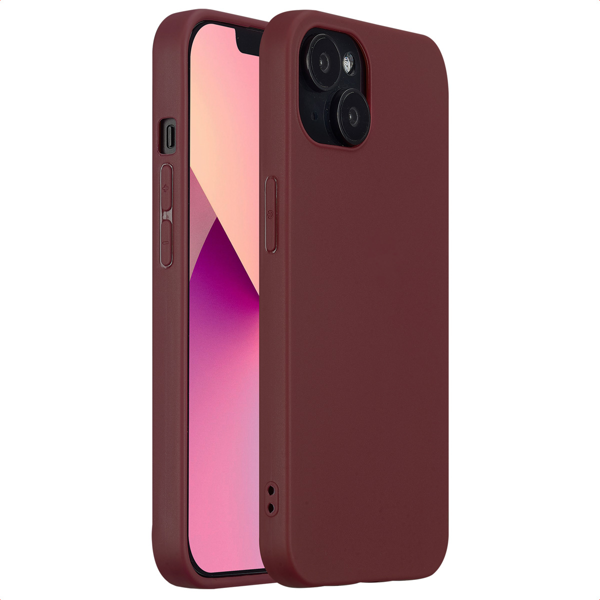 Eine dunkelrote Handyhülle mit einem Telefon darin. Der Hintergrund ist rosa.