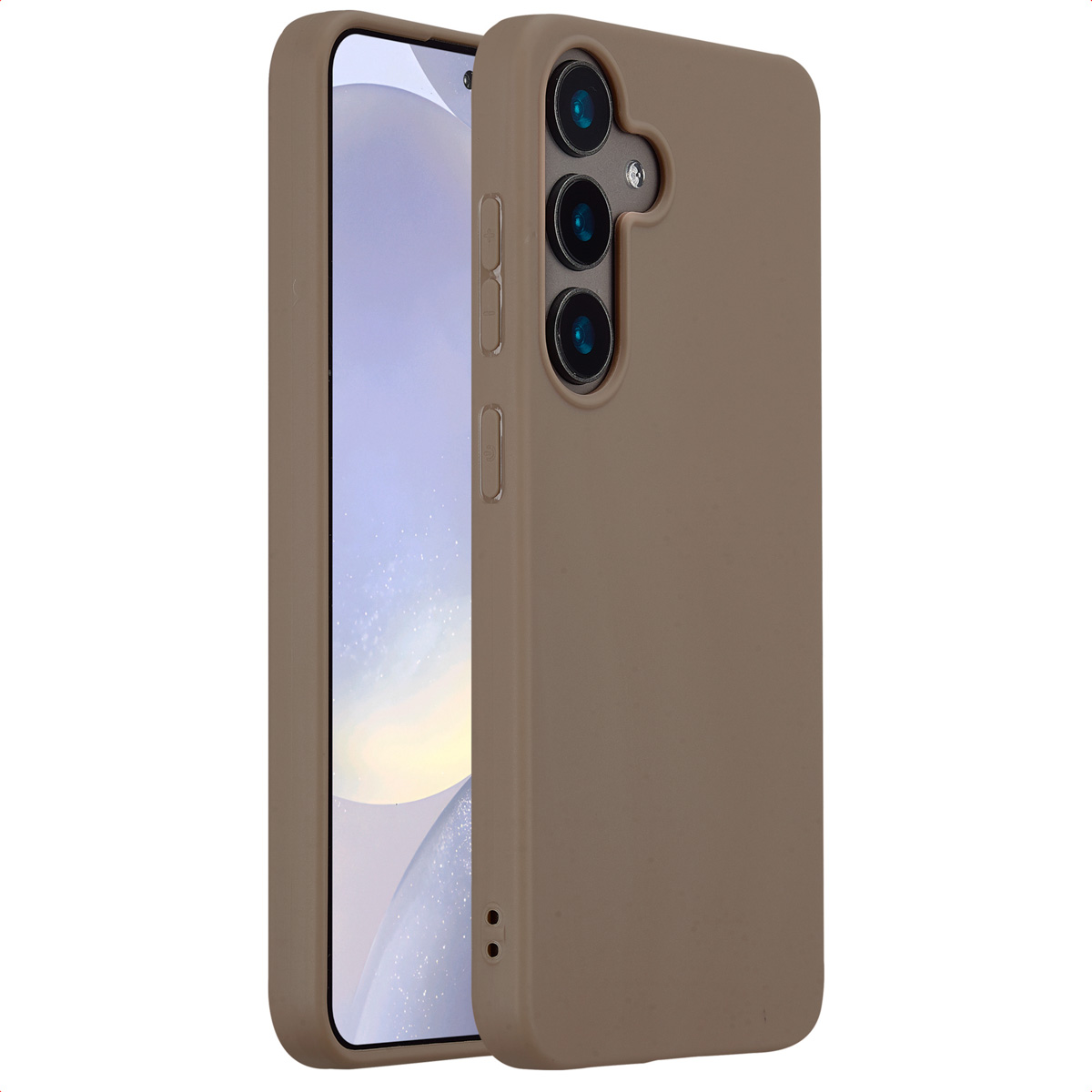 Bruine telefoonhoes. De telefoon zit in de hoes. Drie cameralenzen zijn zichtbaar.