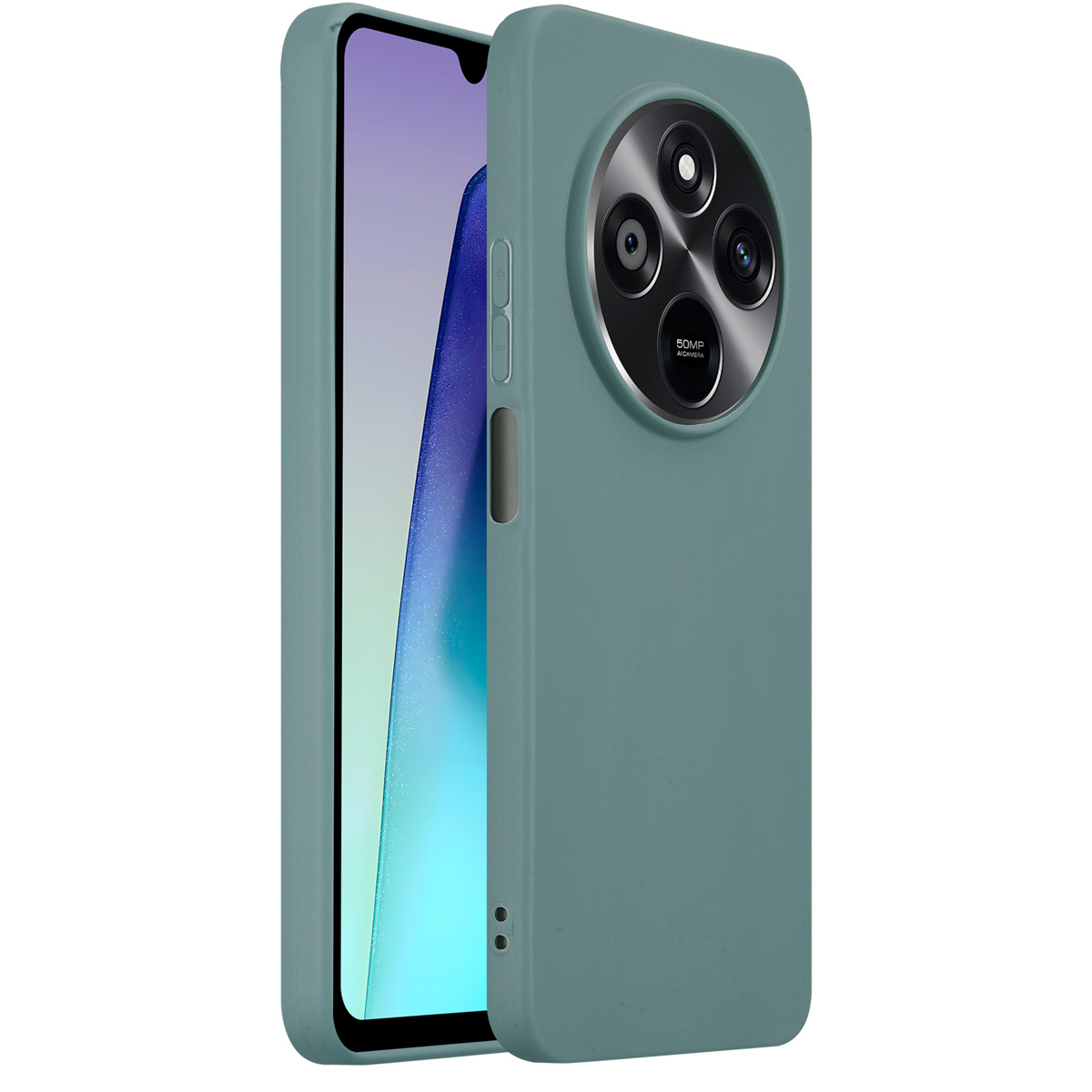 Een teal telefoonhoesje met een telefoon erin. De achterkant heeft grote cameralenzen.