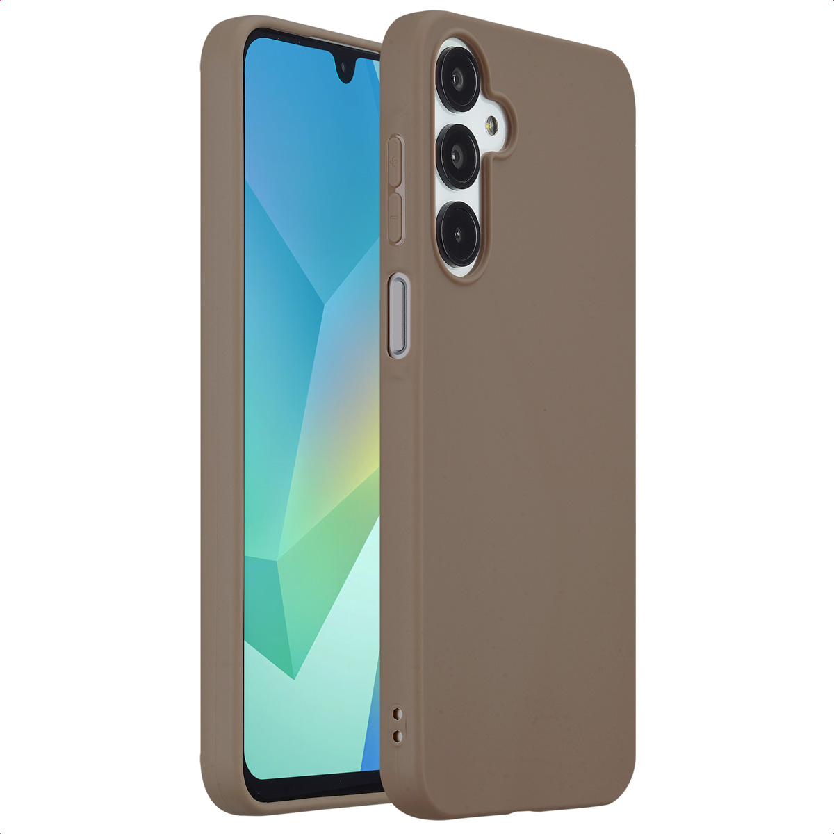 Eine braune Handyhülle halb geöffnet, zeigt einen Telefonbildschirm, auf weißem Hintergrund.