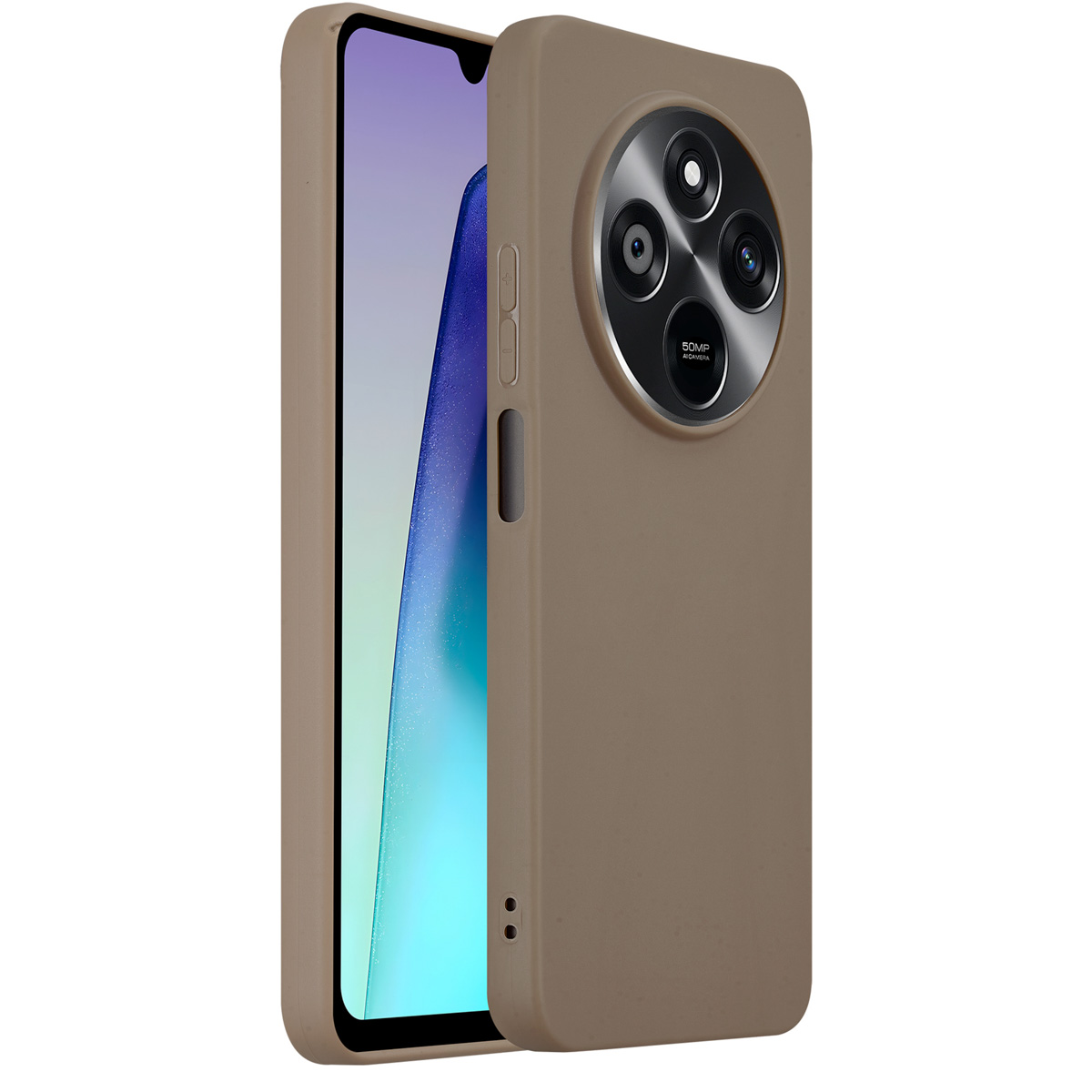 Bruine telefoonhoes, met de zijkant en het camera-gedeelte. De telefoon staat op een witte achtergrond.