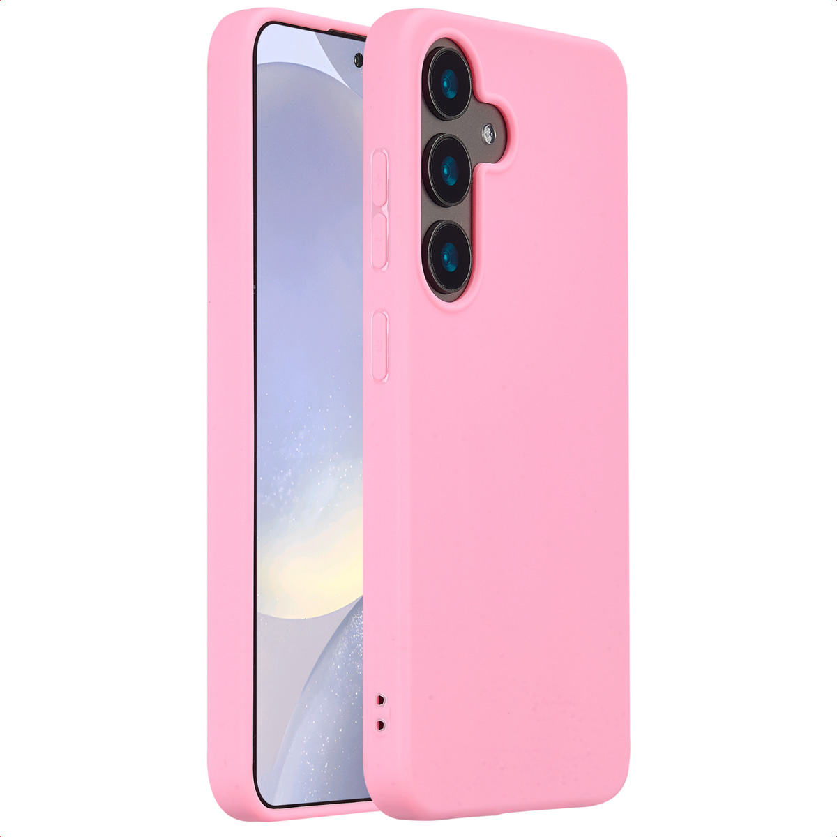 Un étui de téléphone rose avec un téléphone à l'intérieur. L'étui a des découpes pour l'appareil photo et les boutons. Le fond est blanc.