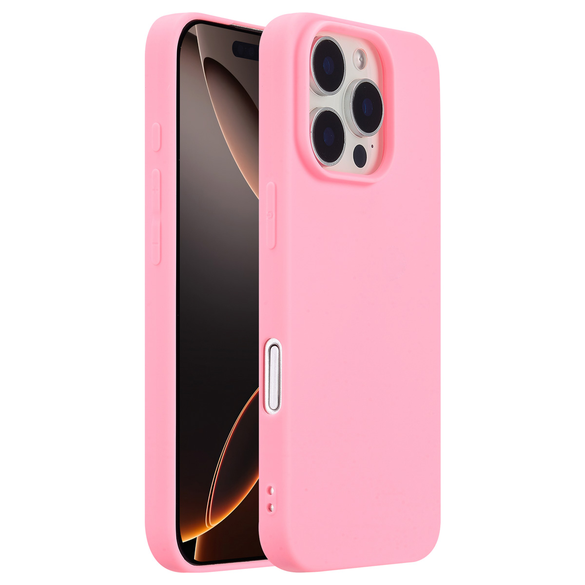Coque rose avec lentilles de caméra, téléphone, sur fond blanc.