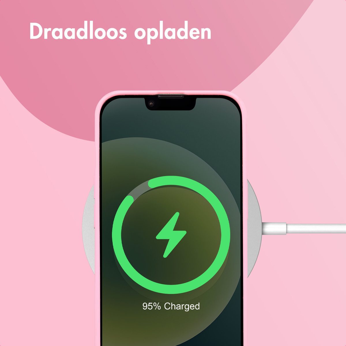 Telefon lädt kabellos, zeigt 95% geladen. Rosa Hintergrund mit Ladesymbol.