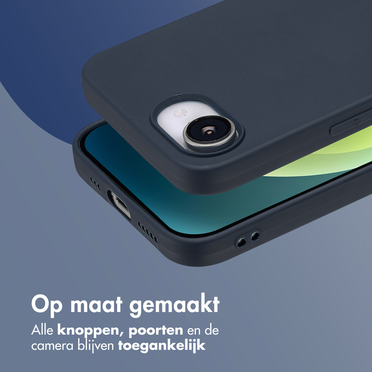 Dunkelblaue Handyhülle mit Telefon. Text: Maßgeschneidert. Alle Knöpfe und Kamera zugänglich.