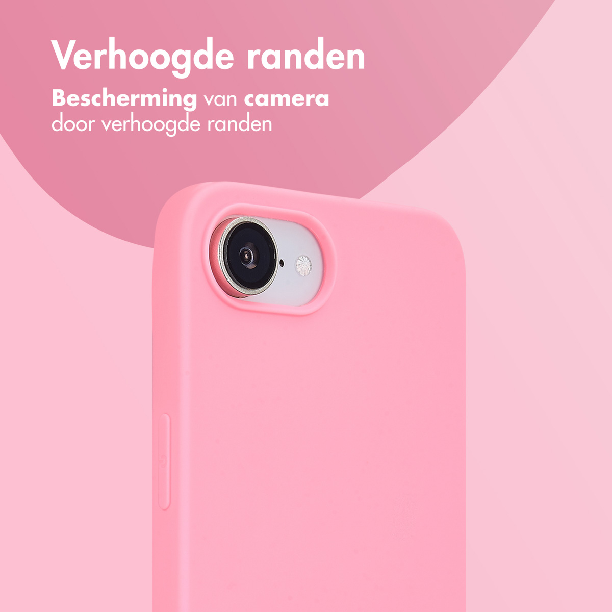 Nahaufnahme einer rosa Handyhülle. Text: Kameraschutz durch erhöhte Ränder.