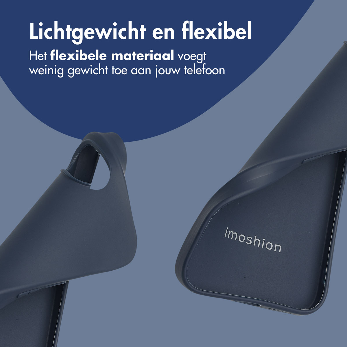 Zwei dunkelblaue Handyhüllen werden angezeigt. Der Text lautet 'Leicht und flexibel'.