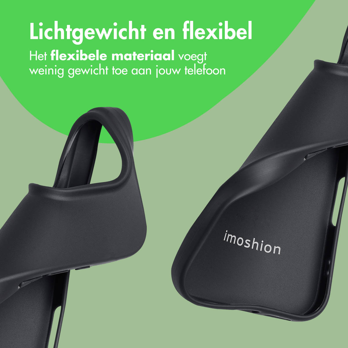 Étui de téléphone noir, partiellement ouvert. L'intérieur est visible, avec la marque 'imoshion'.