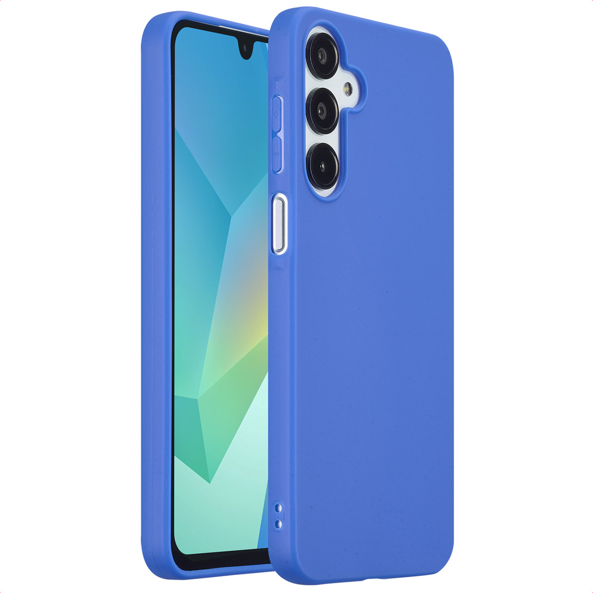 Blauwe telefoonhoes met telefoon. Telefoon in de hoes. Hoes bedekt de telefoon.