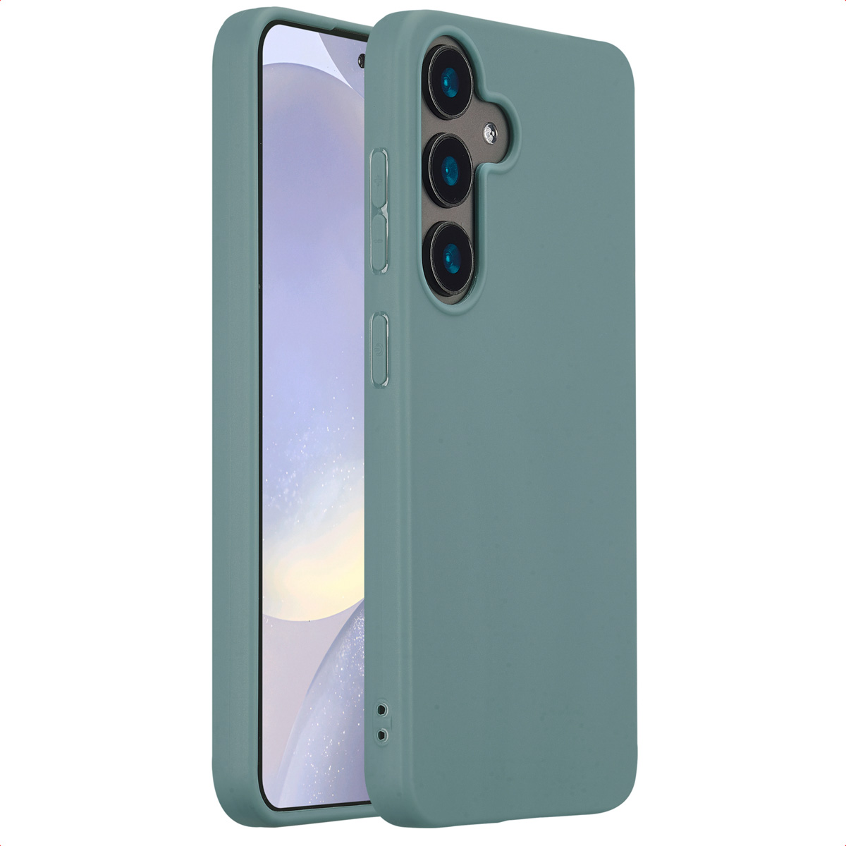 Coque de téléphone turquoise, partiellement ouverte, révèle l'écran. Fond blanc.