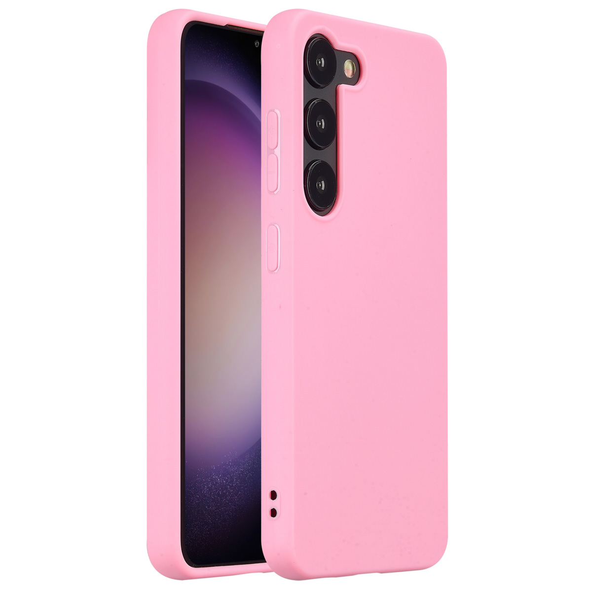 Een roze telefoonhoesje met een telefoon erin. De achtergrond is wit.