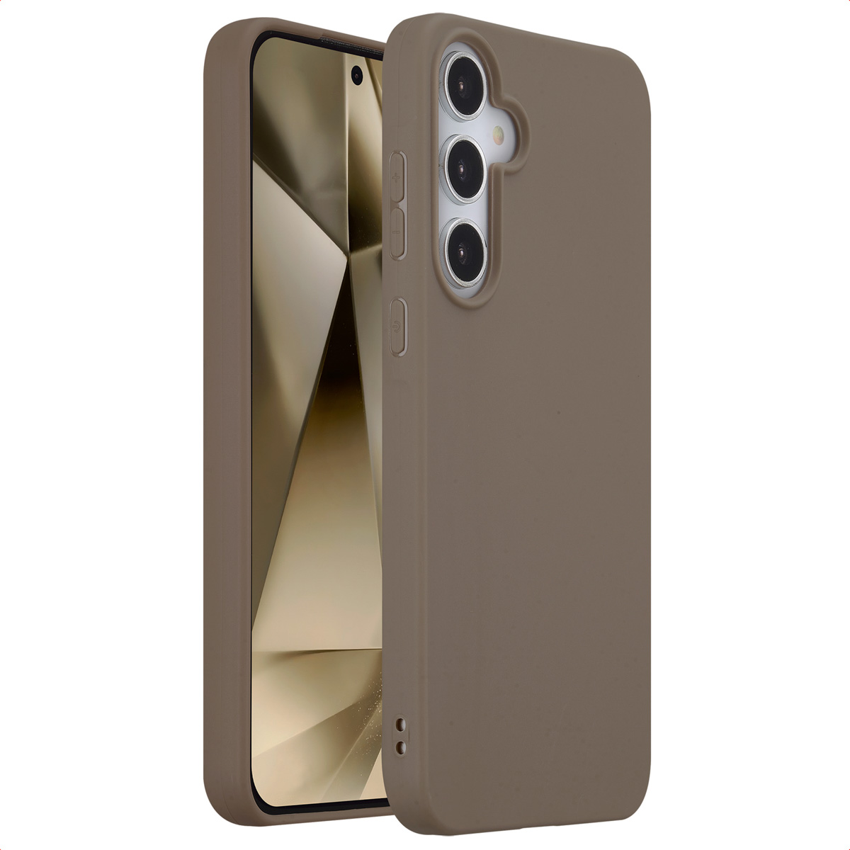 Téléphone dans étui marron, boutons latéraux visibles, sur fond blanc.