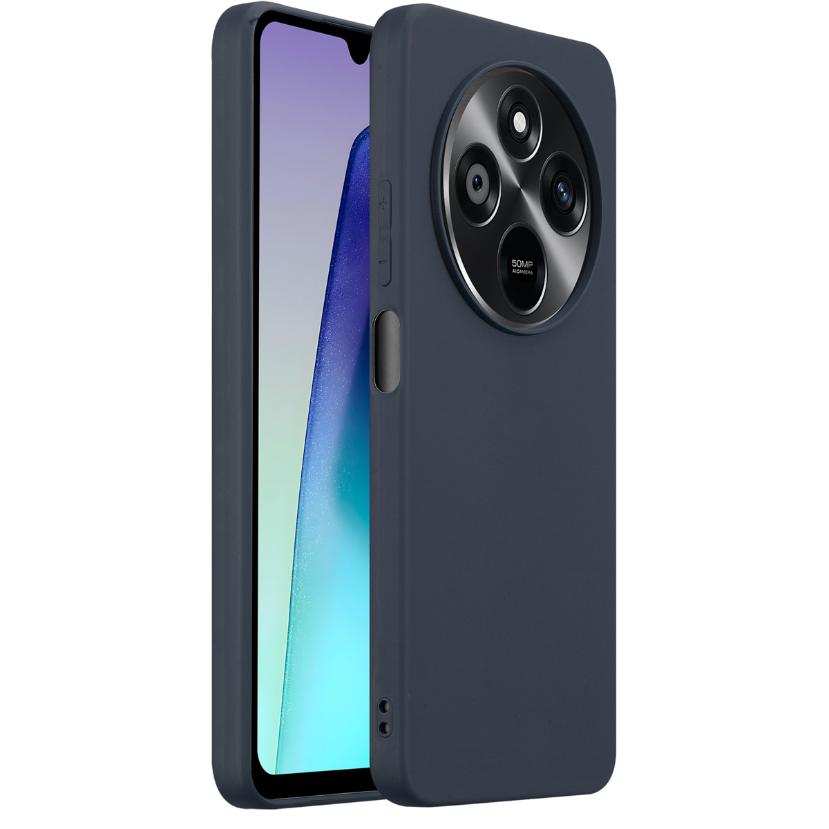 Une coque de téléphone bleu foncé avec une configuration à triple caméra. L'écran du téléphone est visible.