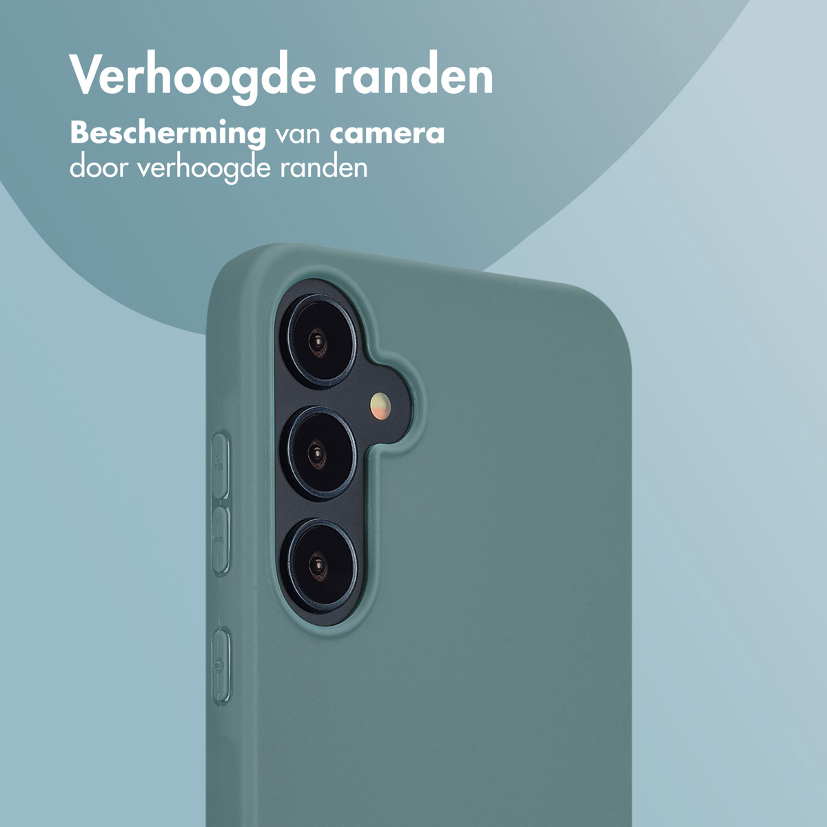 Gros plan d'une coque de téléphone avec bords surélevés. Couleur bleu-vert. Protège l'objectif.