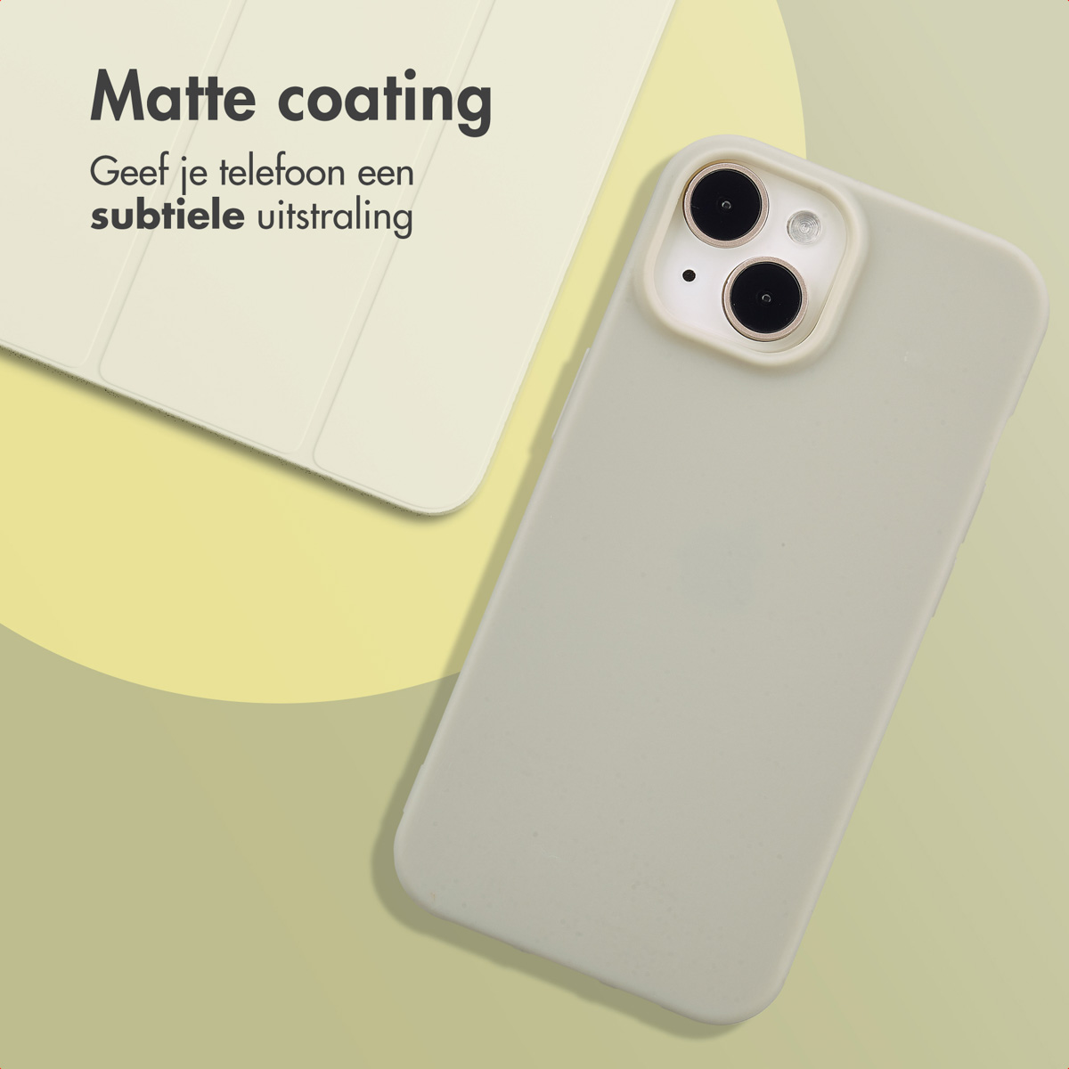 Phone in a light green case.  White cover beside it. Matte coating gives a subtle shine.