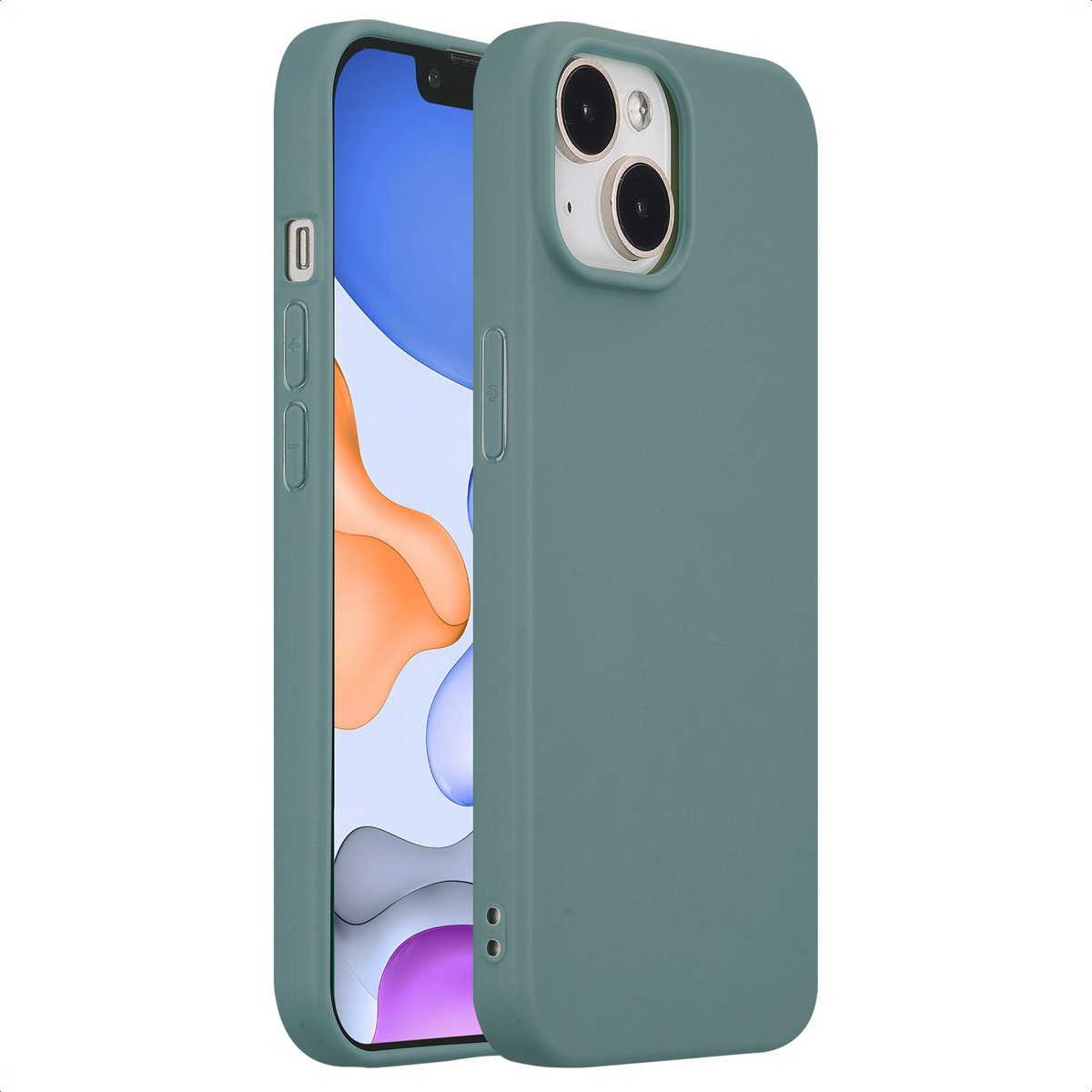 Teal phone case with a phone inside. The case has buttons and camera holes. White background.